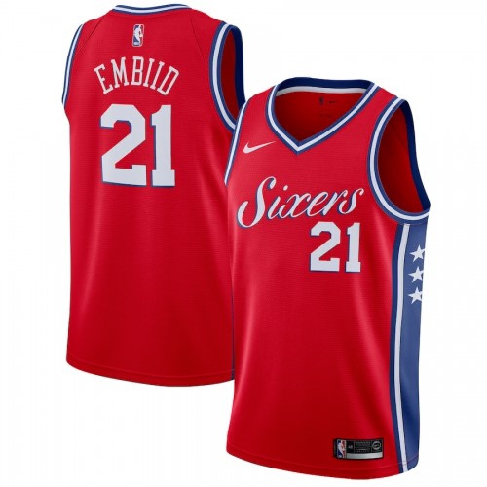 Men's Philadelphia 76ers Joel Embiid #21 Red Swingman Jersey - Statement Edition-Pro Kit Vault | Brand New 26/27 Sports Jerseys